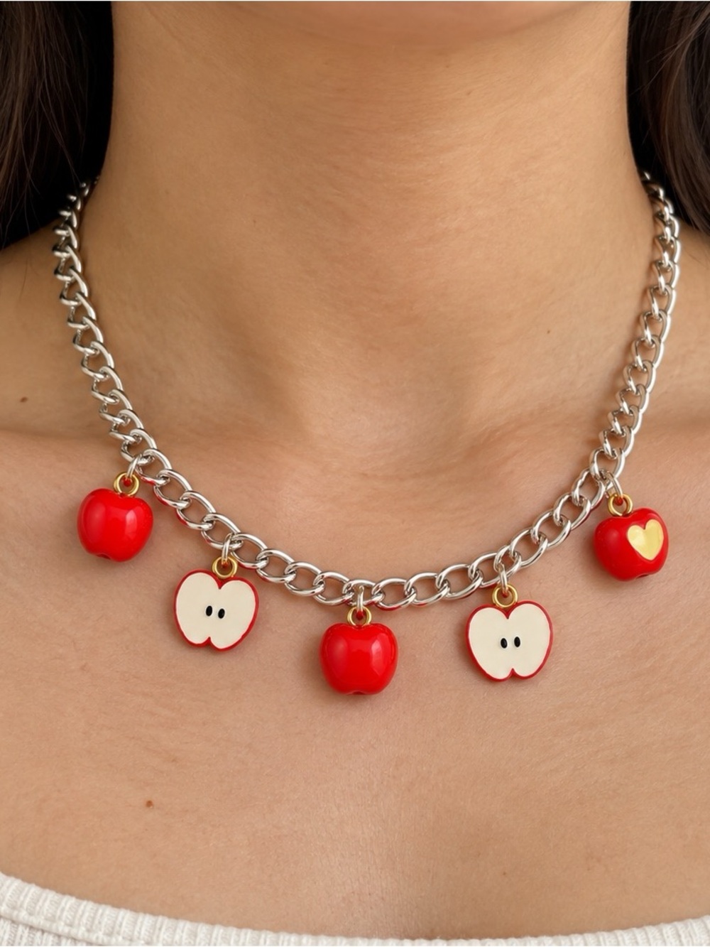 Red Apple Charm Necklace | Silver Chain Y2K Kawaii Coquette Fruit Jewellery